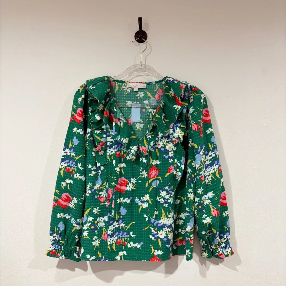 Loft Floral Green Ruffle Blouse - Picture 3 of 8